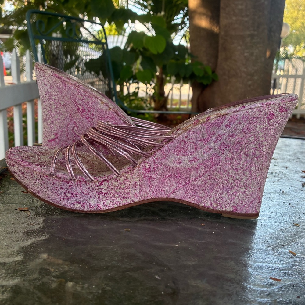 Vintage Bebe Metallic Pink and Asian Satin Wedge Sandals - Picture 2 of 8